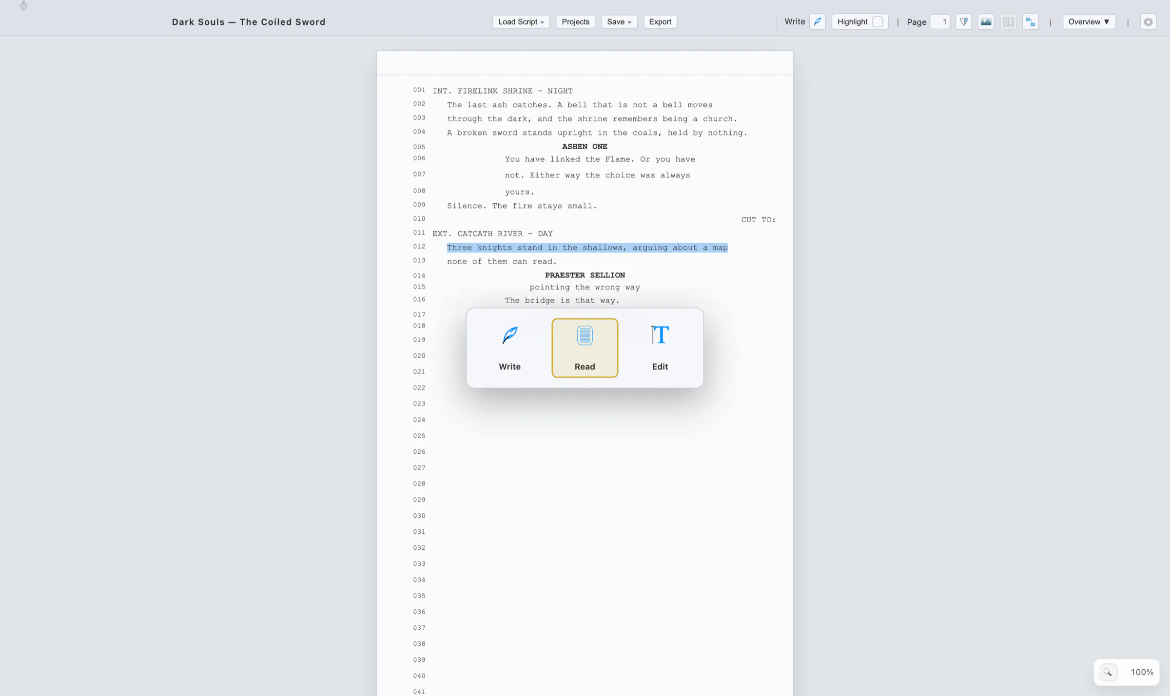 Mode switcher overlay showing the Write, Read and Edit options with Read highlighted as the current candidate